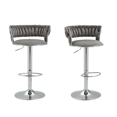 Juego de 2 taburetes de bar modernos de terciopelo, giratorios, patas plateadas, altura de mostrador, respaldo bajo, taburetes de isla de cocina, color gris