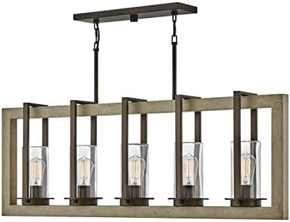 Hinkley Riverwood 42" Five Light Outdoor Linear Chandelier, Aluminum, Clear Glass Shades, Rustic, Warm Bronze with Warm Ash Accents