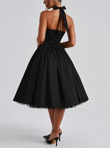 Image of Women Summer Halter Dress Low Cut Sleeveless A Line Tulle Swing Flowy Tea Length Dress Corset Prom Formal Ball Gowns