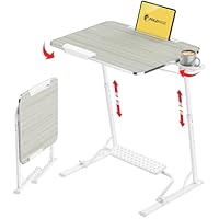 FoldWise Folding Laptop Table for Sofa - Sturdy Portable Desk, Height & Angle Adjustable Overbed Table for Dinner, Work & Study; All-In-One: Footrest, Cupholder, Tablet Holder, Edge Stopper - Wooden