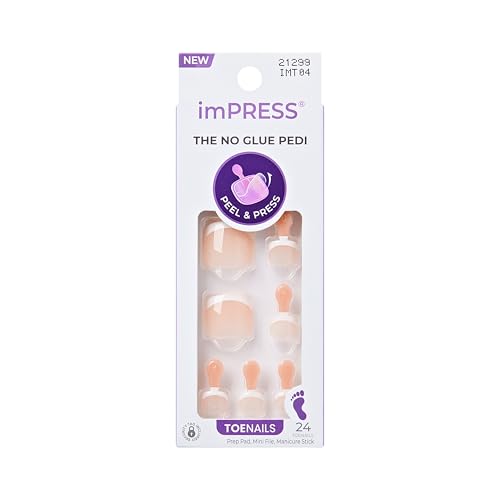 Kiss Impress Design No Glue Press On Toenails Blanc Chic 24 French Tip Nails Kit Short Squoval Pre-Applied Adhesive Up to 10-Day Hold Waterproof Includes Prep Pad Mini File & Pedicure Stick