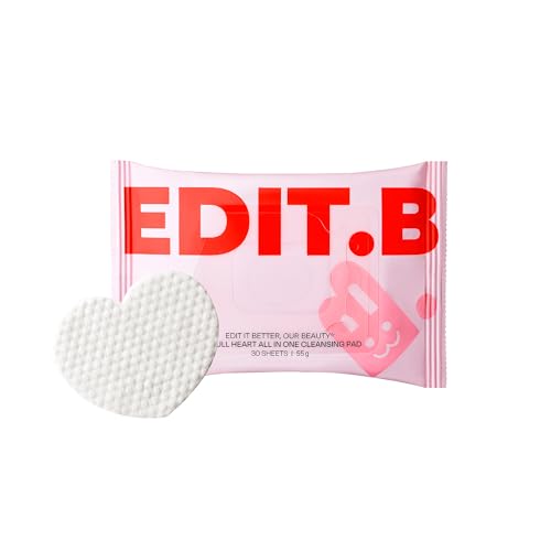 EDIT.B Joyfull Heart All-in-One Cleansing Pads, Dual-Sided Facial Cleansing & Exfoliating Wipes with Soothing Botanical Extracts, Removes Makeup, Dirt & Impurities, Korean Daily Skin Care, 30 Sheets