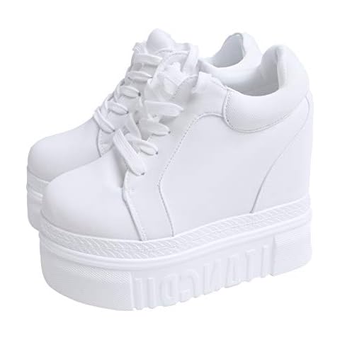 ACE SHOCK Women Fashion Platform Sneakers High Hidden Heel Wedge Walking Shoes Brides Wedding Shoes without Flower White Size: 4 UK Cover