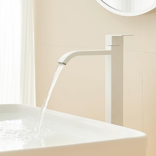 Robinet de lavabo de salle de bains pour vasque à poser, jet cascade blanc