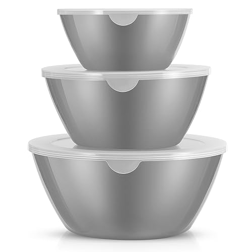 Mixing Bowls with Lids Set,Plastic Mixing Bowls for Kitchen Preparing,Serving and Storing,Set of 3-Includes 3 Bowls and 3 Lids,BPA-FREE Neat Nesting Bowls with Sealing Lids (Grey)