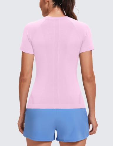 Image of MathCat Seamless Short Sleeve Workout Tops for Women | Breathable, Moisture-Wick, Soft, High Stretch, Chafe-Free, Waist Length, Slim Fit, Athletic T-Shirt