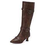 Qynthra Botas hasta La Rodilla Mujer Cuero con Doble Correa Hebilla Tacón Bajo De Madera Montar Exterior Casual Duradero,Marrón,36 EU