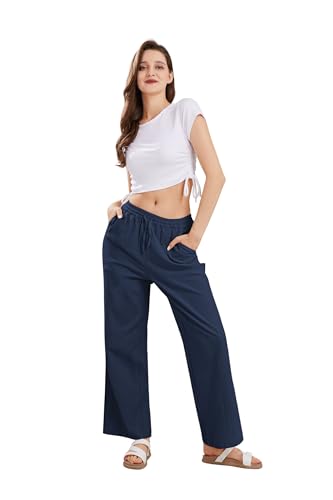 Image of CHARTOU Women's Summer Drawstring Waist Wide Leg Loose Cotton Linen Palazzo Pants