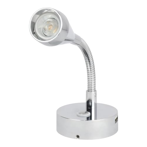 lighteu 12V/24V 2W Gooseneck Wall LED Reading Light F2 Spotlight with Push Lens Switch and USB Port Nickel Finish Wall Light Bedside Light Boat Yacht Caravan RV