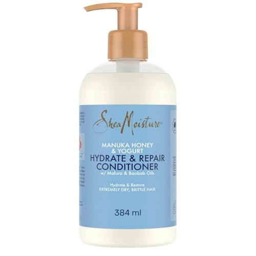 SheaMoisture Acondicionador Hidratante Hydrate & Repair con Miel de Manuka y Yogur - Cabello Muy Seco y Dañado - Con Aceite de Baobab y Manteca de Karité - Sin Sulfatos - 1 x 384 ml