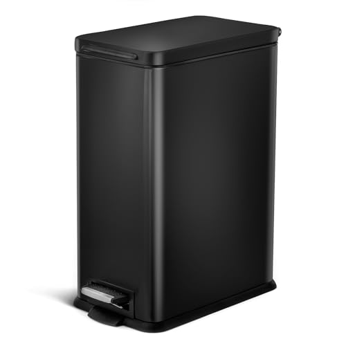 Image of Home Zone Living 8 Gallon Slim Kitchen Trash Can with Soft Close Lid, Step Pedal, Bag Tuck Band, and Removable Liner, Stainless Steel, Matte Black