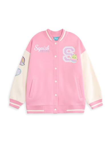 Squishmallows Girls Pink Varsity Bomber Jacket | Long Sleeve Outerwear Character Graphics