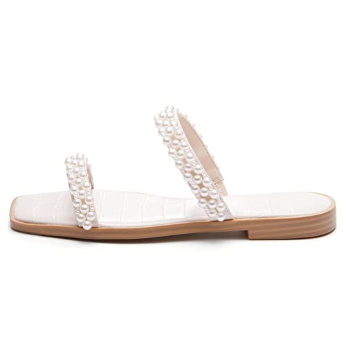 Coutgo Womens Flat Sandals Square Open Toe Pearl Two Strap Slip On Beach Slide Dressy Sandal2