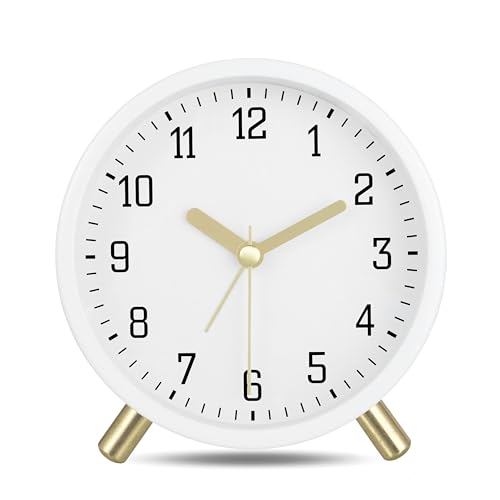 Lafocuse Métal Reveil Matin Analogique Silencieux, avec Lumière de Nuit, Blanc Moderne Classique, Simple Horloge de Table pour Chambre Chevet 11cm