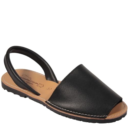 HECHO EN ESPAÑA Menorquina - Ibicencas - Sandalia de Verano de Piel - Mallorquinas (NEGRO, Sistema tallas calzado EU, Adulto, Números, mediano, 42)