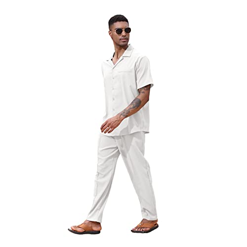 Lexiart 2 Piece Set for Men Beach Outfits Cuban Collar Button Down Shirt Darwstring Pants3