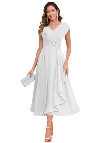 Tea Length Mother of The Bride Dress Chiffon Lace A-Line Cape Sleeve Formal Gown