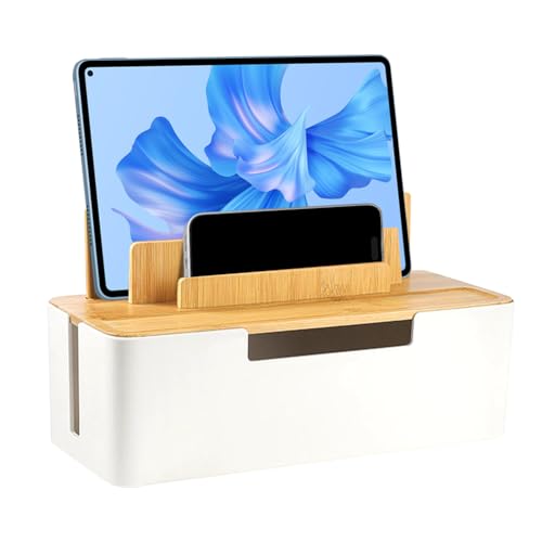 Image of Cable Box, Cable Organiser with Lid, Storage Box Made of Sustainable Bamboo and ABS, Hide Power Strips, for Hiding and Covering, Cables, Cable Organiser Box (White)