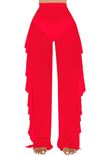 Image of Jumppmile Women's Ruffle Sheer Mesh Swimwear Bikini Cover Up Pants See Through