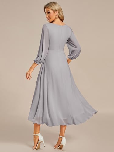 Image of Ever-Pretty Women's Chiffon V Neck Long Sleeves A-Line Midi Length Wedding Guest Dress Cocktail Party Formal Dresses 01926