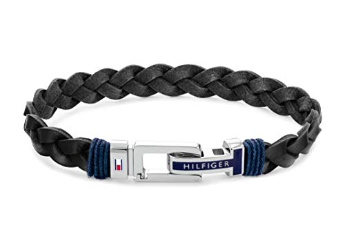 Tommy Hilfiger Men's Jewelry Flat Braided Leather Bracelet, Standard, Stainless Steel and Leather, No Gems, Stone Stainless Steel, Gemless