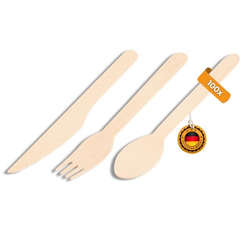 Cubiertos de madera ecológicos Naturaleza – 100 tenedores, cucharas y cuchillos | Cubiertos desechables, cubiertos de camping, cubiertos de viaje y cubiertos al aire libre | Material de madera 100%