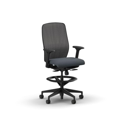 Image of HON Nucleus Task Stool, Ergonomic Office Chair, Home Office Desk Chairs, Synchro-Tilt with Seat Slider, Adjustable Footring, Height-Width Adjustable Arms, Black Mesh, Darkness Fabric, Black Frame