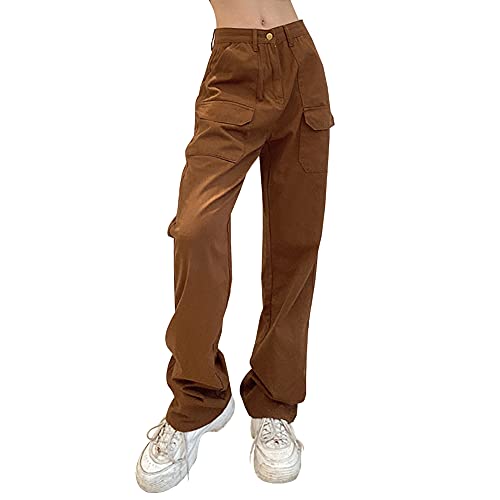 LONGBIDA Baggy Jeans for Women High Waisted Stretch Wide Leg Straight Denim Jeans(Brown,M)