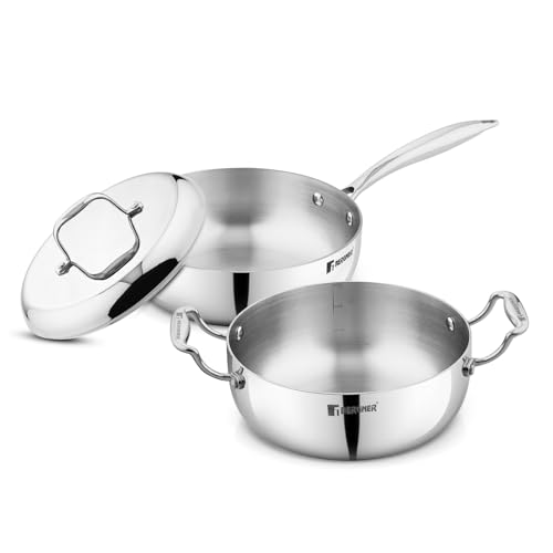 Image of Bergner Argent Saira Saiba Triply Stainless Steel 3 Pcs Cookware Set - 22 cm (2.5 L) Multi Frypan, 22 cm (3 L) Casserole and Common Stainless Steel Lid, Cook and Serve, Less Oil Use - Induction Bottom