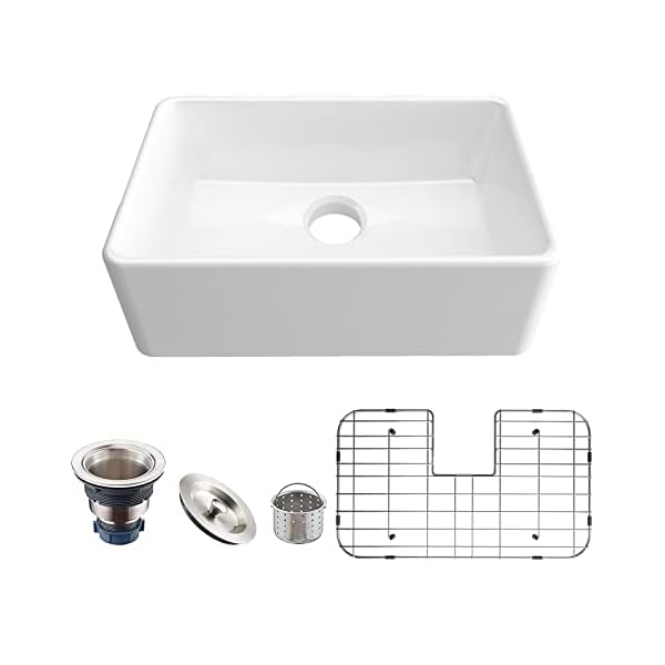 61 cm kleines Bauernhaus-Küchenspüle, Keramik-Spüle, Schürze, Frontspüle, mit Sieb und Bodengittern, Waschbecken