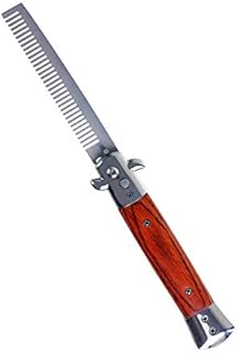 Switchblade Comb Pocket Knife Hair Brush Automatic Push Button Folding Barber (Wood Grain)