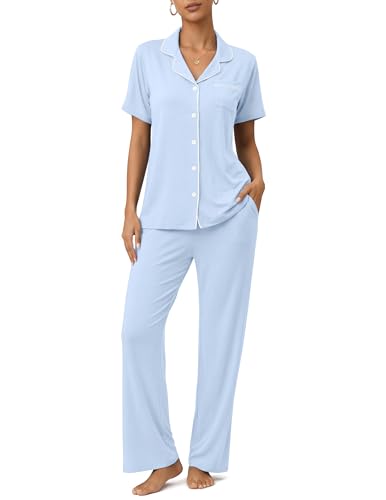 Image of Womens Pajamas Sets 2 Piece Button Up Pj Sets Short Sleeve with Long Pant