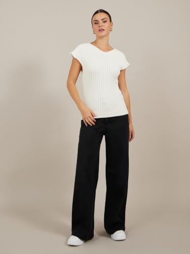 بلوزة منسوجة مضلعة برقبة شكل V واكمام قصيرة على الكتف للنساء من ستايلي، مقاس L، لون ابيض