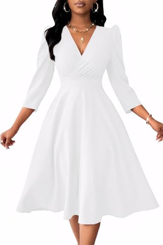 Nmoder Women Casual Midi Semi Formal Fit and Flare 3/4 Sleeve A-line Wrap Empire Waist Dress for Church Work Wedding Guest Cocktail Dresses White L