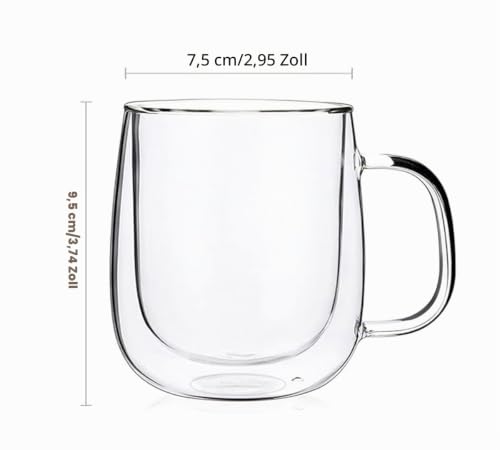 Doppelwandige Kaffeegläser mit Henkel, 2 Stück 250ml Borosilikatglas Isolierbecher für Latte Macchiato, Cappuccino, Tee, Heiße & Kalte Getränke, Spülmaschinenfest – Bild 3