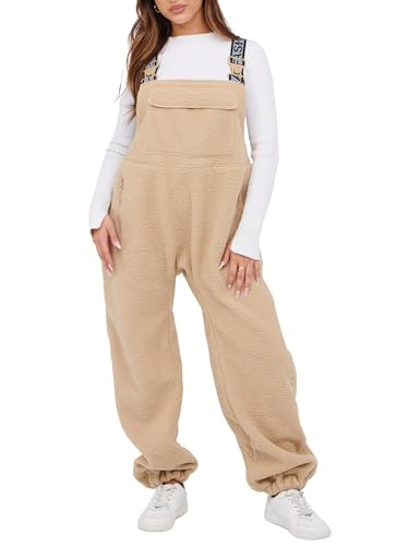 SeekMe Womens Fleece Overalls 2024 Warm Winter Casual Loose Jumpsuits Sherpa Bib Overalls Fuzzy Ski Pants with Pockets(1833-Khaki-M)