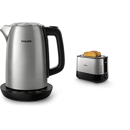 Philips Hervidora Avance Collection HD9359/90 Hervidora con control de temperatura, metal, 1,7 litros, y tapa con resorte + Daily HD2637/90 Tostador 950w, Doble Ranura, Color Negro, Inox