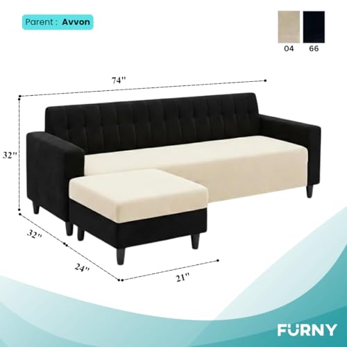 Image of FURNY Luxe 4 Seater L Shape Sofa Set with Movable Ottoman | Flexible Left or Right Layout | Plush Velvet Fabric (Black-Cream) | Perfect for Living Room, Guest Room & Office