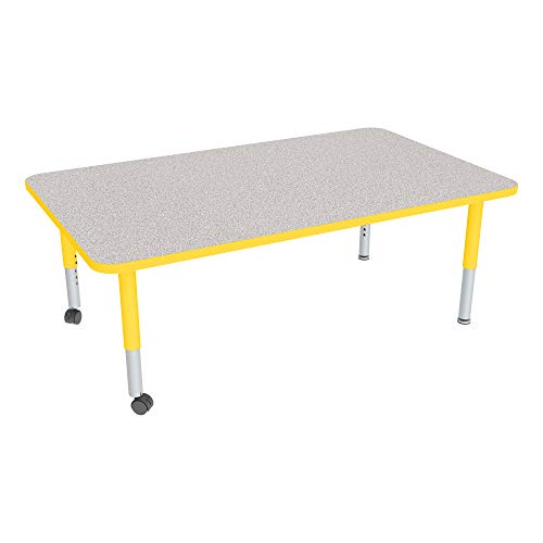 Image of Sprogs Adjustable Height Mobile Classroom Activity Table for Preschools, Rectangle Preschool Activity Table with Casters, 36 inchD x 60 inchW x 23 inchH, Gray /Yellow