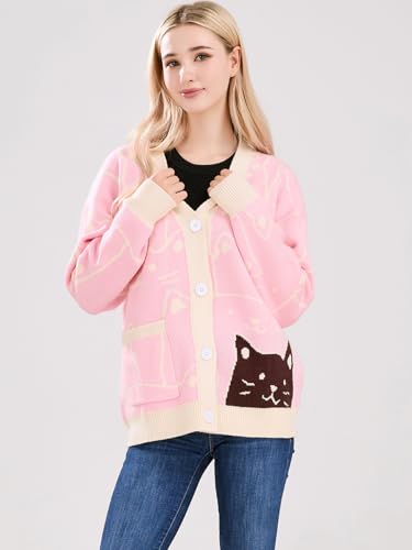 ebossy Women's Kawaii Cartoon Cat Cardigan Japanese Aesthetic Button Down Jacquard Knit Sweater Coat2