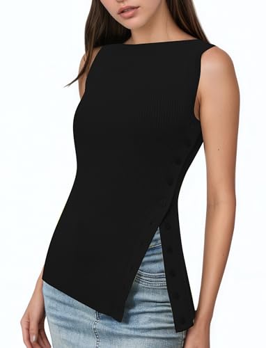 Image of OLAPTA Women Asymmetrical Button Down Side Split Sleeveless Tank Tops Boat Neck Slim Fit Summer Casual Side Button Knit Vest