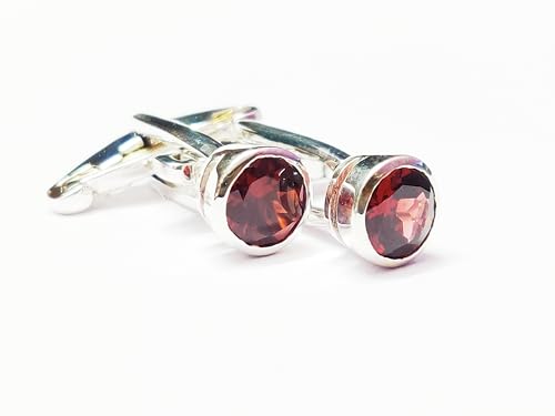 Mancuernillas artesanales de plata con granate redondo 7 mm 3 Ct miniatura 2
