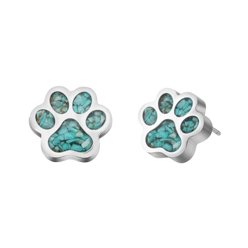 Lauren-Spencer Turquoise Dog Paw Earrings for Women Cute Small Paw Print Stud Earrings Stainless Steel Turquoise Gemstone Dog Jewelry for Women Girls Cat Dog Mom Earrings Animal Jewelry