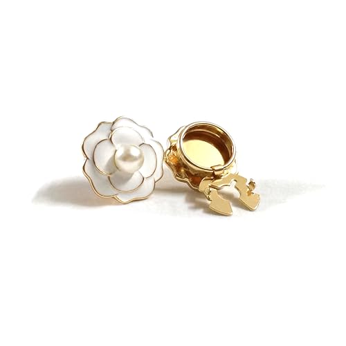 Climple Button Covers for Women Blouses White Cufflinks with Camellia Flower & Faux Pearl - Golden Base Rose Cufflinks Button Covers for Mens Dress Shirt, Tux Shirt