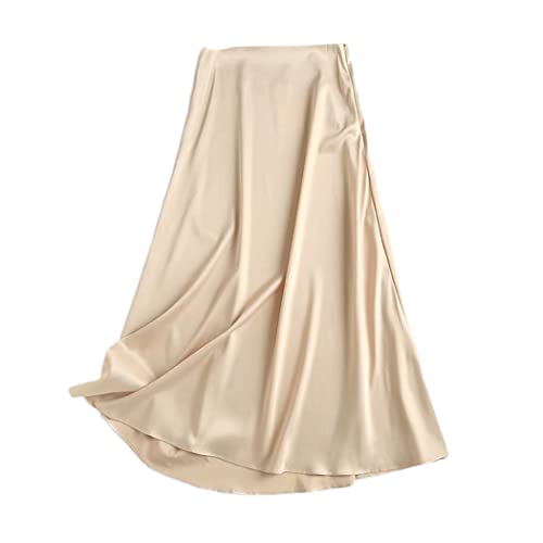 Jupe mi-longue en satin femme couleur unie marron clair taille 40 style décontracté