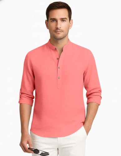 Image of Zombom Men's Cotton Blend Kurta Shirt with Full Sleeves Mandarin Collar Neck Solid Pattern for Men Regular Fit Ethnic Wear Casual Festive Top Modern Style | Cotton Shirt for Mens