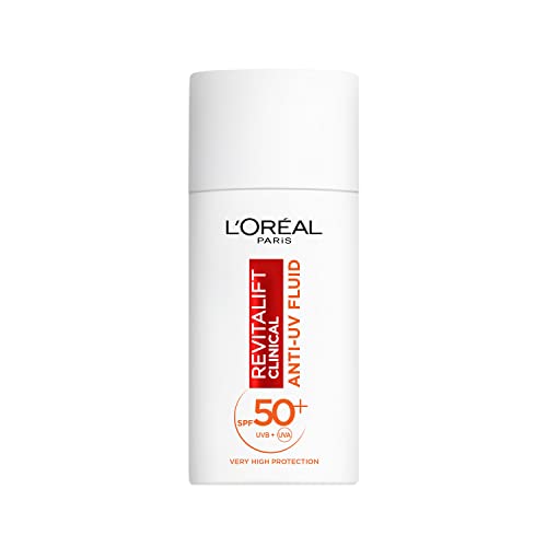 L'Oréal Paris Cuidado facial con SPF 50+ y vitamina C antioxidante, fluido anti-UV para todos los tipos de piel, contra los primeros signos del envejecimiento, Revitalift Clinical, 1 x 50 ml gotas