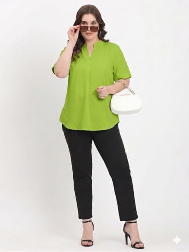 Image of SINDOORI Relaxed Fit Tops for Women Plus Size Solid Printed Mandarin Collar, Band Collar, V-Neck Top, Half Sleeve Loose Fit
