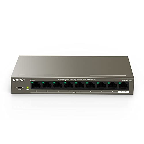 Image of Tenda 9 Port Gigabit PoE Switch, Network Switch with 8 Port PoE+@102W, 1*Gigabit Uplink, Plug & Play, VLAN /Extend Mode, for IP Cameras /VoIP Phones, Sturdy Metal, Wall Mount (TEG1109P)