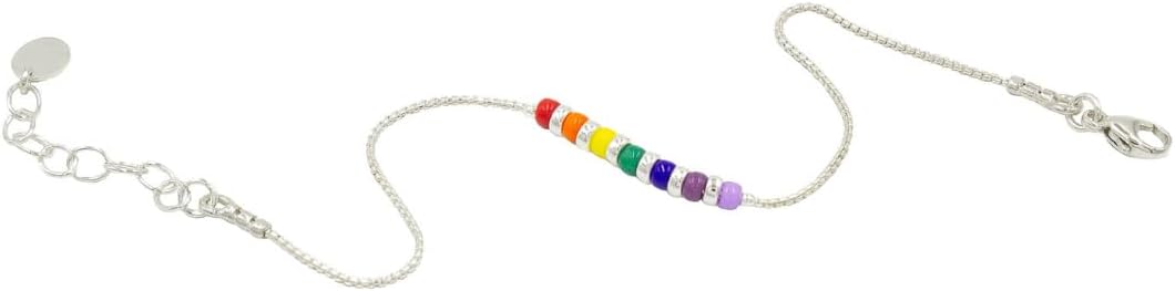 ONYAH Sterling Silver Rainbow Bracelet, Length 6.5-7.5 Inches, Dainty Beaded Bracelet, Pride Bracelet, Colorful Beads Bar Bracelet